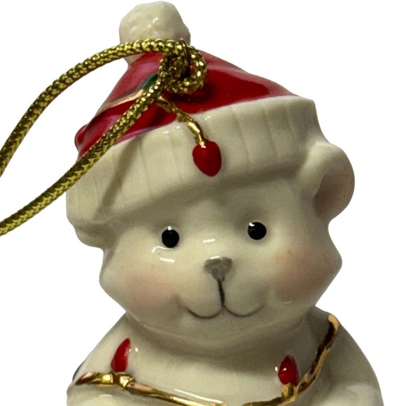 Lenox Tangled in Christmas lights Teddy Bear Red Hat Porcelain Ornament 3.5"H - Picture 10 of 12